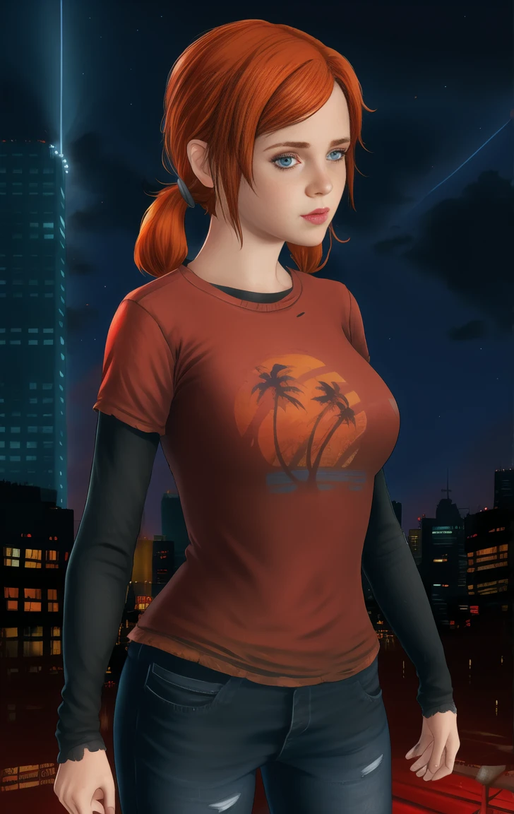 red shirt, long sleeves, standing, twintails, neon lights, night, looking at viewer, large breasts, blue jeans, solo, annette, orange hair, blue eyes, elliet1