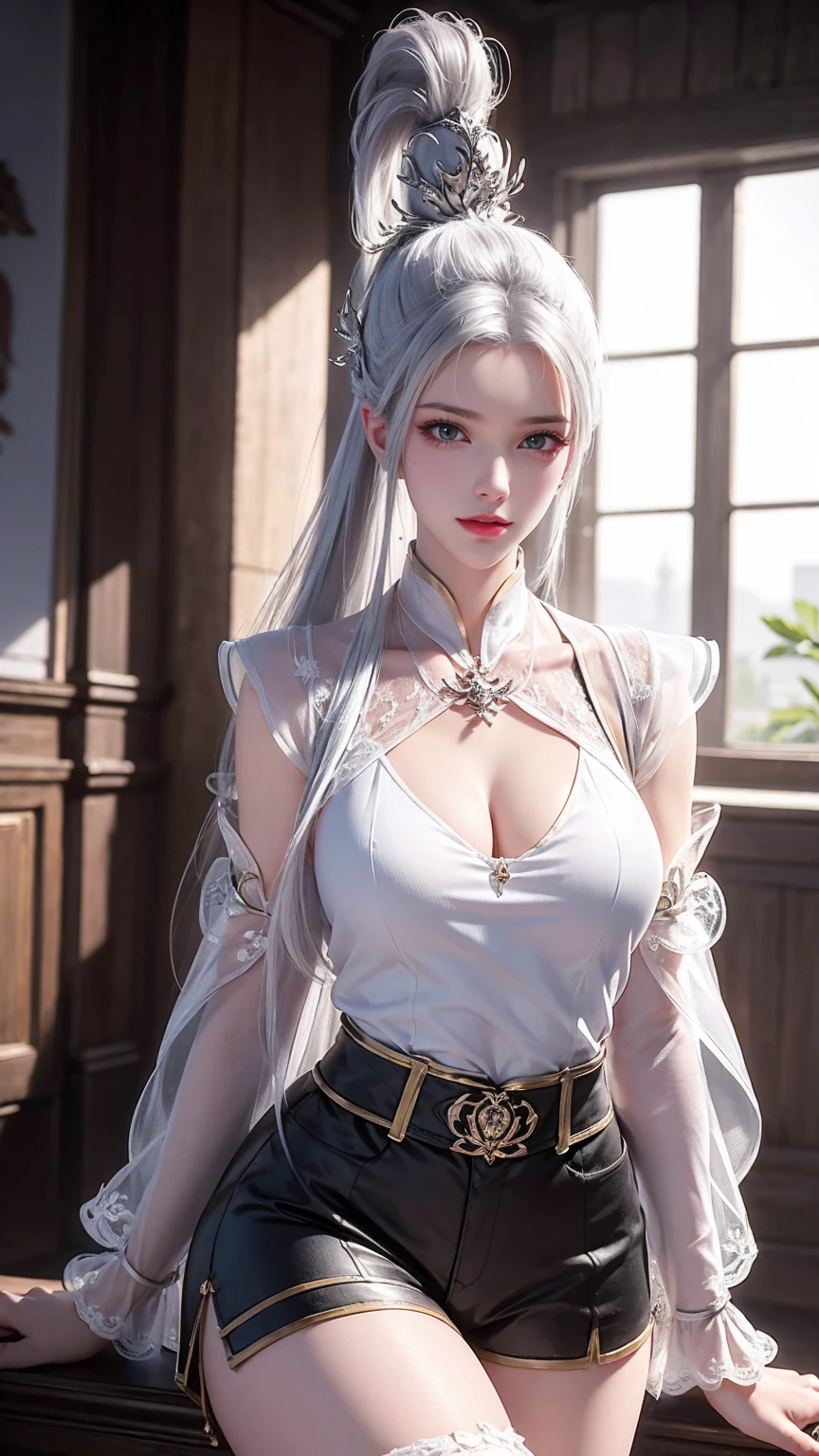 um cabelo branco、Close-up of mulher wearing white mask, linda pintura de personagem, Guweiz, Arte em estilo Gurwitz, Deus de cabelos brancos, autor：Yang Jie, Arte de personagem épica e bela, arte de personagem impressionante, autor：Ventilador Qi, por Wuzhun Shifan, pixiv arte rua guweiz, rabo de cavalo único, insulto, Rabo de cavalo alto, alto e grande, Pernas longas, (Camisa sem mangas em renda), (Shorts), (listrado )), ((listrado )), Andar, elegante, digno, mulher, belas curvas, Doce sorriso, Forte senso de detalhes e camadas, Rich and colorful cor, Tem uma textura única, colorida, cor, vivid, arte de design, 16k, ultra detalhado, {{ilustração}}, {Extremamente refinado}, {Tratamento de superfície requintado}, ultra detalhado, Olhos delicados e brilhantes, {{iluminação de filme}}, Efeitos de iluminação extremos, modelo: Realismo, Tamanho do CFG: 12, Laura: Textura brilhante (1.35), alta qualidade, obra de arte, características faciais requintadas, representação delicada do cabelo, Representação detalhada dos olhos, obra de arte, melhor qualidade, Rastreamento de raio, Papel de parede CG unificado 8k extremamente detalhado, obra de arte, melhor qualidade, (1 garota), Perfect mulher figure, (((camiseta branca apertada))), Olhos lindos, (rosto delicado), cabelo curto preto, Amarre seu cabelo, grampo de cabelo azul claro, Óculos com armação de seda preta, Em aula, (Pele branca), (iluminação ideal), (Detalhes super intrincados), Unidade 4K, (ultra detalhado CG), Mostrando suas pernas brancas, , Calças quentes, Shorts,
