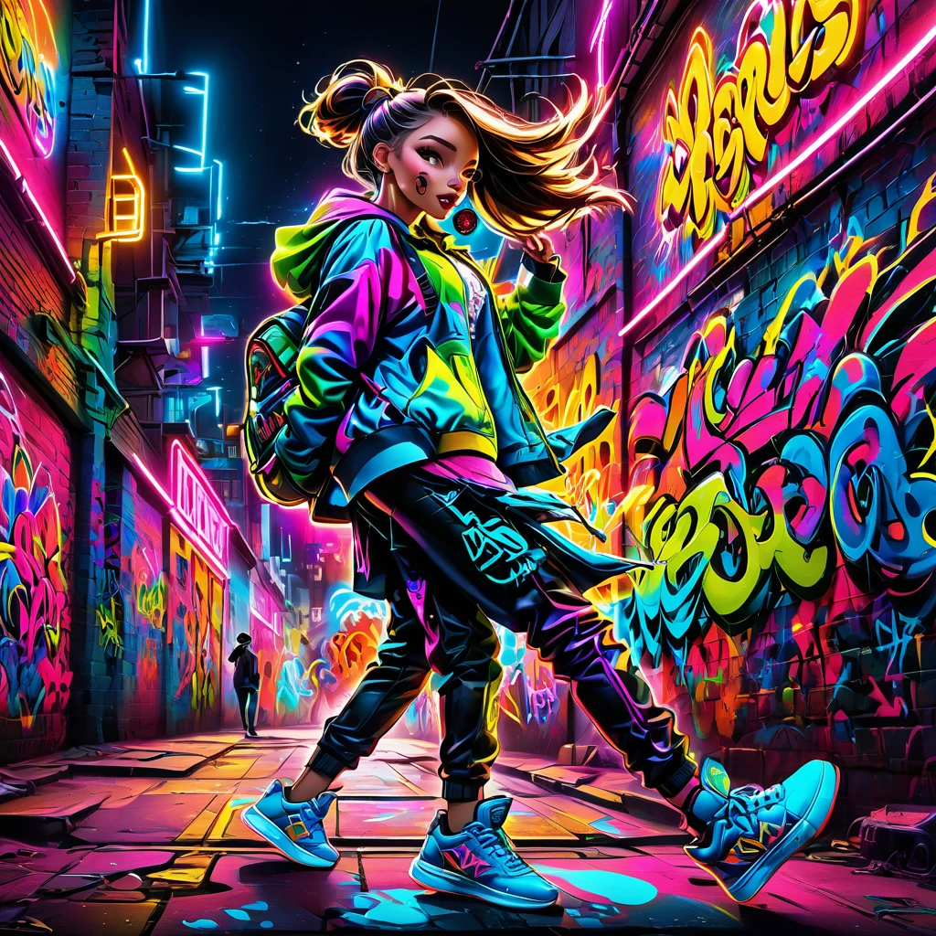 (Hohe Auflösung:1.2),ultra detailliert,realistisch,scharfer Fokus,farbenfroh,Wände voller Graffiti,street Kunstist girl,lebendige Kleidung,leidenschaftlich singen,Energieleistung,street Kunst backdrop,städtische Atmosphäre,Belebte Straßenszene,Agitation, ausdrucksstarke Mimik, dynamische pose, Original Zubehör, souveräne Bühnenpräsenz, Modestil, der Aufmerksamkeit erregt, einzigartiger Streetstyle, Nachtleben in der Stadt, leuchtende Neonlichter, Street-Fashion-Kultur, jugendliche Energie, schreiende Menge, positive Schwingungen, Kunst, stylische Sneaker, Graffiti urbane Kultur, mit Farbe befleckte Straßen, Schaufenster für urbane Talente, leuchtend gefärbt, attraktive Bilder, high Energieleistung, elektrische Atmosphäre, Musikalischer Ausdruck, Urbaner Lebensstil