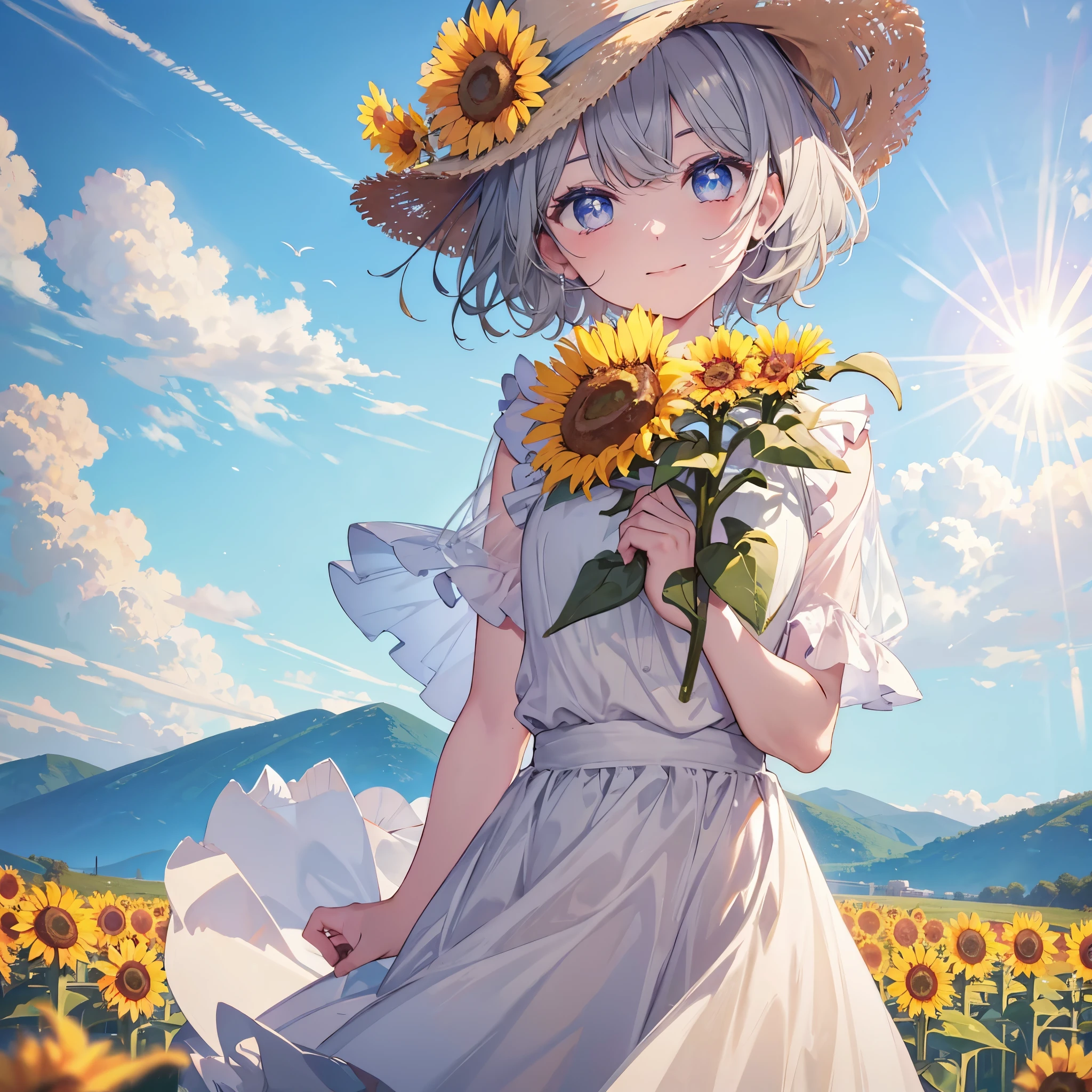 ((((Frilly clothes　Sunflower field))))　(((Gray Hair　short hair　blue eyes　woman　Close-up)))，((Blowing in the Wind　sunlight　sun　cloud))，(Wearing a hat　Beige clothes　smile)，　Showing teeth　Shining Background　Shining Edges