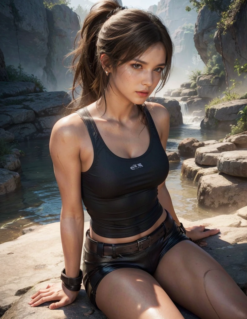 Lara Croft, brown eyes, (best quality, ultra-detailed), (realistic:1.37), beautiful and detailed face, ultra-realistic texture, delicate face, delicate body, red lipstick, bright colors. high definition, 8K, 