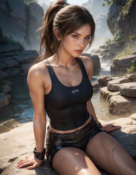Lara Croft, brown eyes, (best quality, ultra-detailed), (realistic:1.37), beautiful and detailed face, ultra-realistic texture, ...