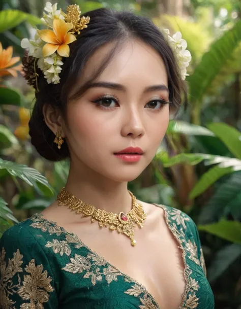 a beautiful asian woman in a graceful pose, wearing a traditional kebaya dress with an ornate floral pattern, her face showcasin...