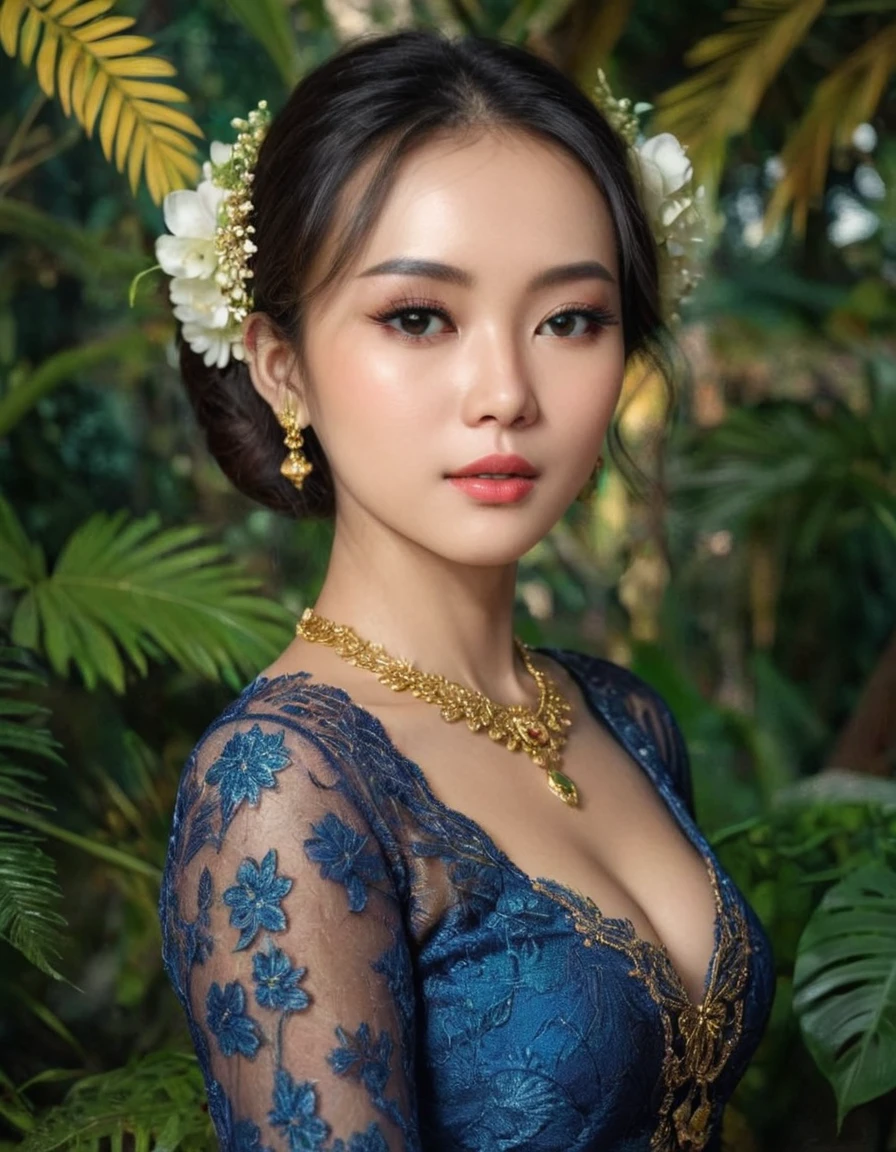 Una hermosa mujer asiática en una pose elegante., Lleva un vestido tradicional kebaya con un estampado floral adornado., Su rostro muestra detalles extremadamente detallados., hermosos ojos y labios, Pestañas largas, y una expresión serena, Adornado con elegantes joyas de oro, sobre un fondo de exuberante follaje tropical con suaves, iluminación cinematográfica, (mejor calidad,4k,8K,alta resolución,obra maestra:1.2),ultra detallado,(Realista,photoRealista,photo-Realista:1.37),hdr,HD,iluminación de estudio,Pintura ultrafina,enfoque nítido,renderizado basado físicamente,descripción detallada extrema,Profesional,colores vívidos, Extremely hdr, 