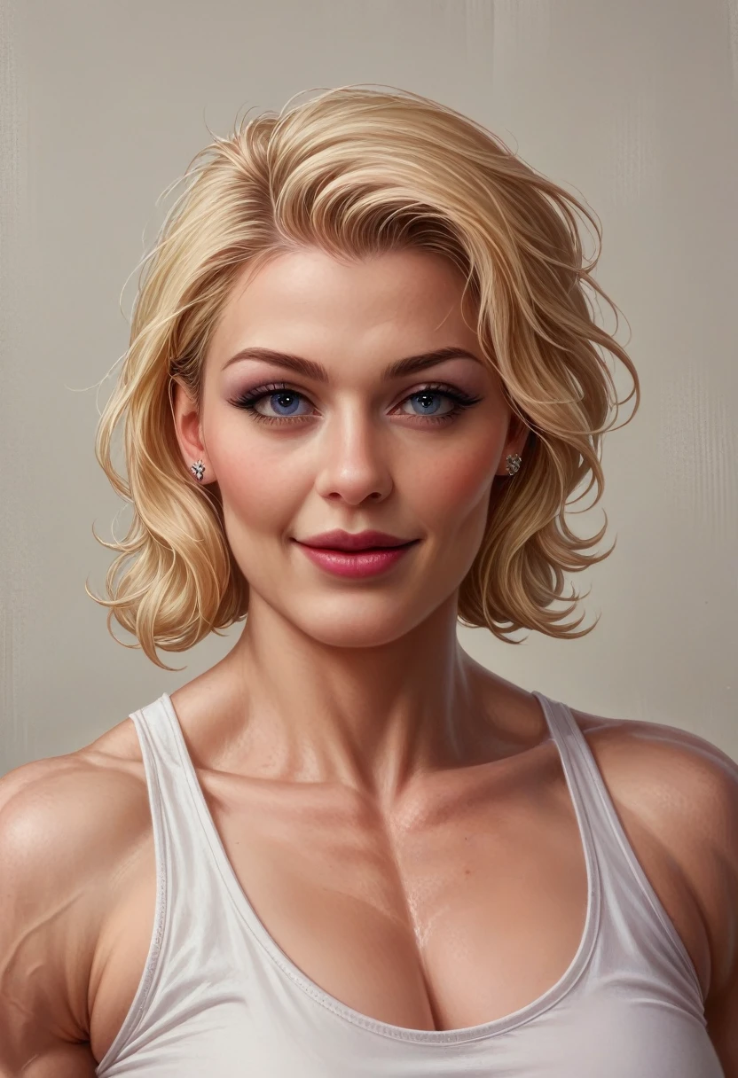 (muscular blonde woman_bustycleveage_smile) hyperrealistic art cinematic film still lower angle photography in the style of detailed hyperrealism photoshoot . () Extremely high-resolution details, photographic, realism pushed to extreme, fine texture, incredibly,
