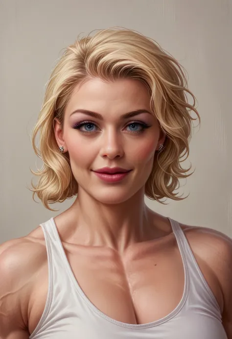 (muscular blonde woman_bustycleveage_smile) hyperrealistic art cinematic film still lower angle photography in the style of deta...