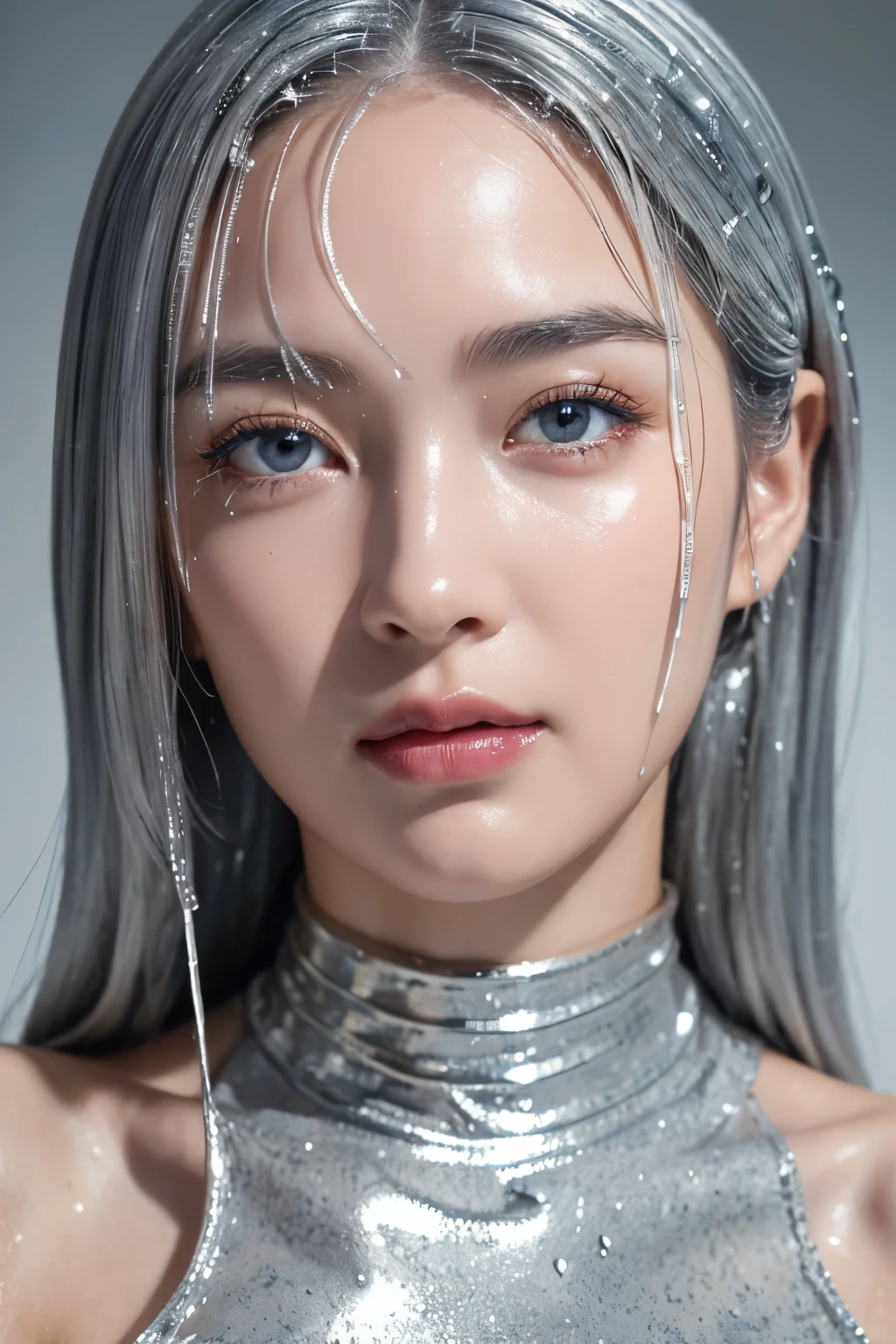 (High resolution,Tabletop:1.2),Super detailed,(Realistic:1.37),Portraiture,Slime Girl,Covered in silver slime, (Partially transparent), (Wet), (Silver Sweat), Slimy silver liquid dripping from her body. Her hair is also Covered in silver slime.. Silver slime splatter, Silver Hair, Silver Eyes