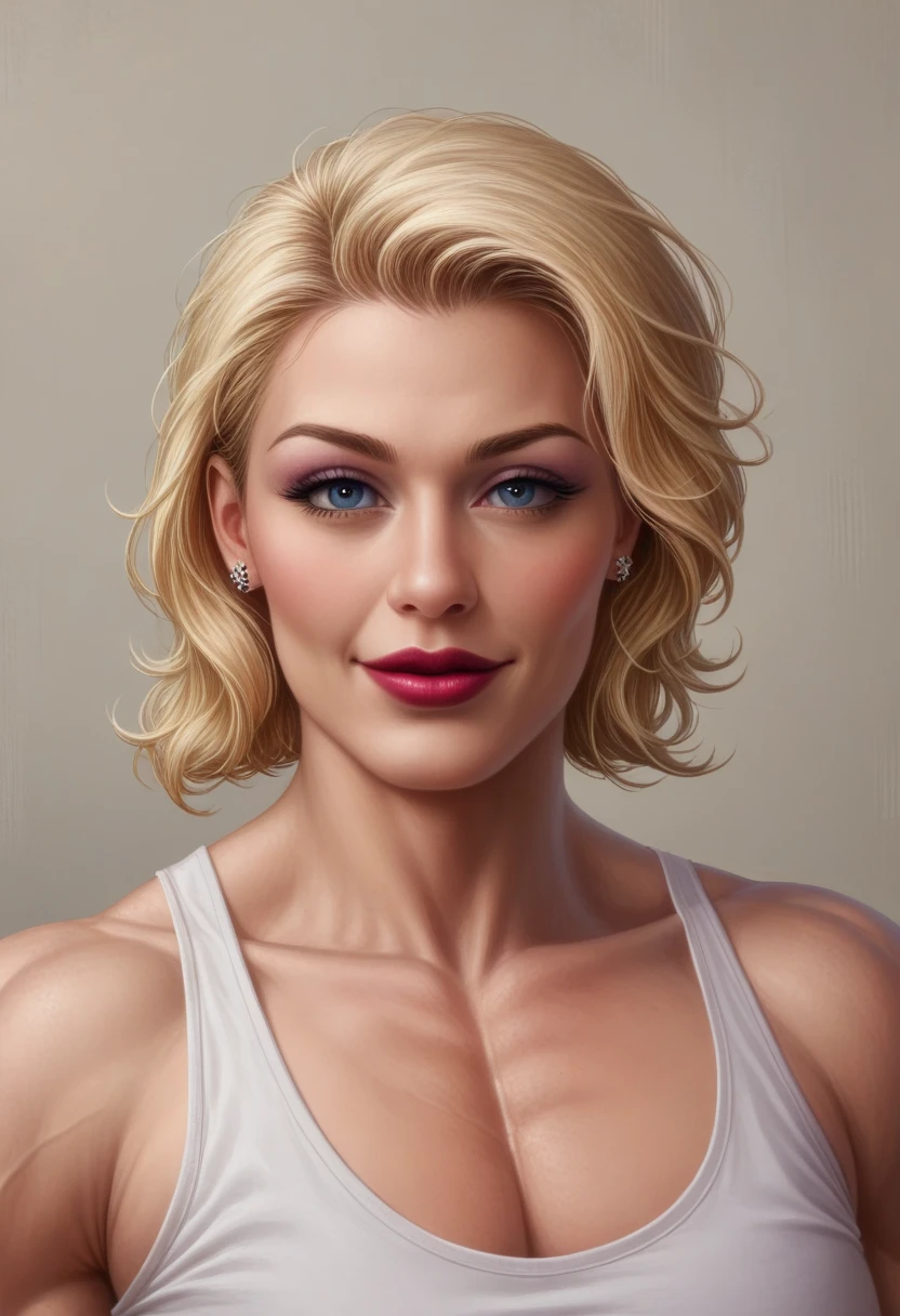 (muscular blonde woman_bustycleveage_smile_lipstick) (detailed veins along body) hyperrealistic art cinematic film still lower angle photography in the style of detailed hyperrealism photoshoot . () Extremely high-resolution details, photographic, realism pushed to extreme, fine texture, incredibly,
