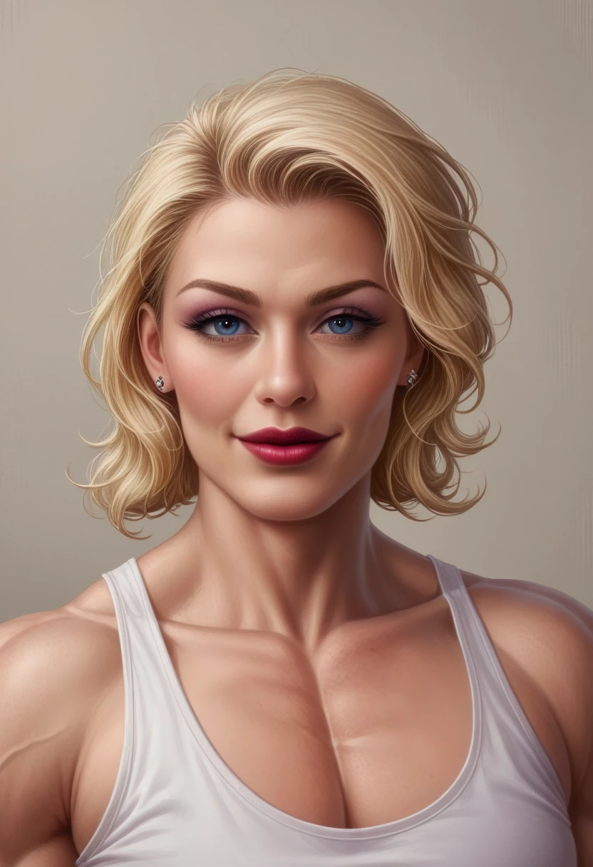 (muscular blonde woman_bustycleveage_smile_lipstick) (detailed veins along body) hyperrealistic art cinematic film still lower angle photography in the style of detailed hyperrealism photoshoot . () Extremely high-resolution details, photographic, realism pushed to extreme, fine texture, incredibly,
