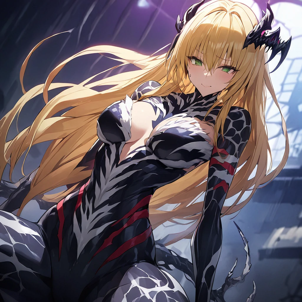 ((Highest quality)), ((masterpiece)), (detailed), （Perfect Face）、The female Venom is Tearju, a green-eyed, blonde, medium-long-haired female Venom with a red-based body and completely transformed into a Venom. She wears a Venom suit that fits her entire body, including her head, covering the entire woman, and she has been reborn as a complete Venom Queen.、The woman is happily clinging to the arm of the male Venom King.、The man is a Venom King with a strong and dignified body in dark blue, and he dotes on the woman.
