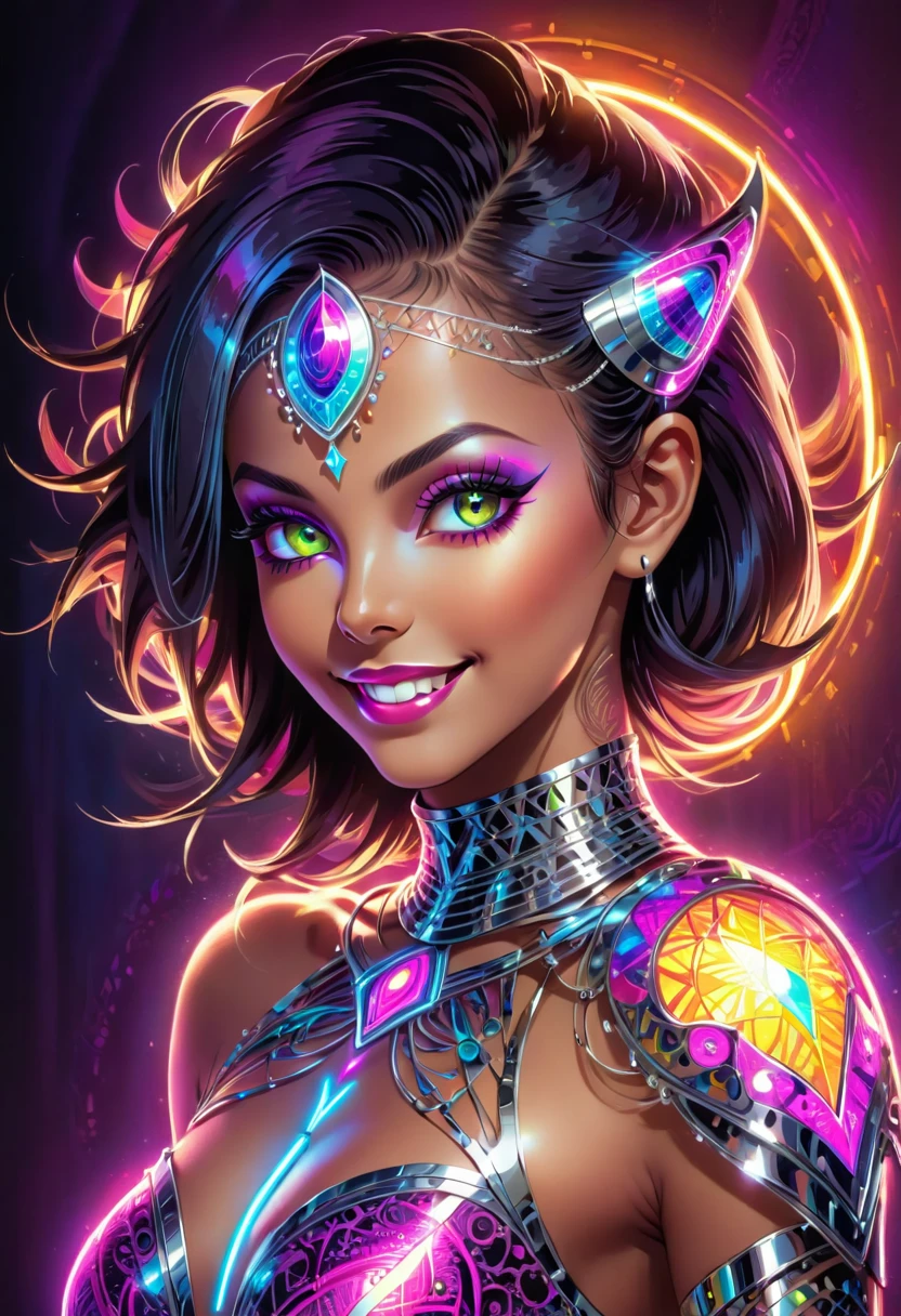 a colorful glowing post-modern ornamental plasma prowler, sleek lines and intricate patterns intertwine to create a sense of futuristic gothic elegance. The main subject of the image is a stunningly gorgeous colorful woman dancer with intricately detailed eyes and a perfect body in every way, smiling. This detailed description is depicted in a high-quality photograph, highlighting the intricate details and ethereal atmosphere. The image captures the essence of modern technology and artistry, blending seamlessly in a visually stunning composition that captivates the viewer's imagination