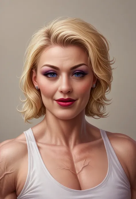 (muscular blonde woman_bustycleveage_smile openmouth_lipstick_eyeliner) (detailed veins along body:1.6) hyperrealistic art cinem...