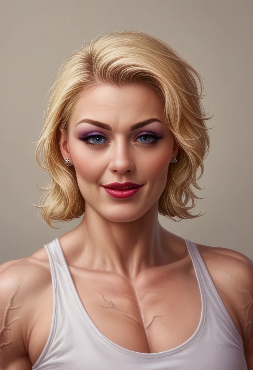 (muskulöse blonde Frau_vollbusigesDekolleté_Lächeln mit offenem Mund_Lippenstift_Lidstrich) (detaillierte Adern entlang des Körpers:1.6) Hyperrealistische Kunst, Kinofilm, Standbild, Fotografie mit niedrigerem Winkel im Stil eines detaillierten Hyperrealismus-Fotoshootings . () extrem hochauflösende Details, fotografisch, Realismus auf die Spitze getrieben, feine Textur, unglaublich,
