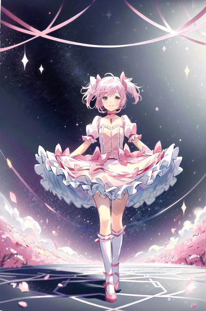 (masterpiece, Highest quality, detailed:1.3),(photograph:1.3), HD transparent background, High Detail, Madoka Kaname,cute,One girl, View your viewers, sketch, Flat Color,short hair, choker, smile,Pink and white dress,