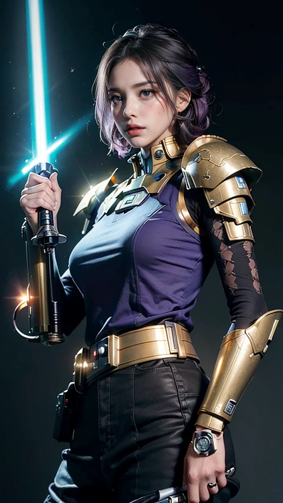 (reality: 1.4), (RAW Photos, Highest quality), （Jedi Knight ）(reality, Photorealistic Photography: 1.3), Highest quality, Very detailed, Masterpiece Hyper Detail, shape, 1 Girl, Made as a human, smile, purple Hair, purple Clothes, purple, ((White lightsaber in hand, （Jedi Knight ）Grab a lightsaber)), upper_body, Dynamic Angle, World Mastery Theatre, Flying Shorthair, Fluorescent Center, Dynamic fire background, Highest quality, ((Very detailed CG uniform 8k wallpaper)), ink, wonderful, Cinema Lighting, lens_Flare, wuxia_style、"((超reality)) Jedi Cyborg, Looks like an empty mountain, ((Mecha Gold Body)), ((Translucent glass limbs)), Mechanic&#39;custom, ((Fighting Pose)), Dynamic Lighting, Complex reflections, ((エッジの効いたサイバーパンクなJedi Knight)).((Wielding a white lightsaber）、（Big eye、Well-formed face）smile,"masterpiece, Highest quality, 1 Girl, Full body portrait, sensual pose, eye, Multicolored Hair,Sculpted legs and seductive curves, ,Medium milk beautiful milk, Beautiful Face,（Jedi Knight ）but（A glowing white lightsaber pointed at the viewer）、（Sexy thighs、nipples protrude a little,,、I can see the muscles.、A tight waist is sexy）