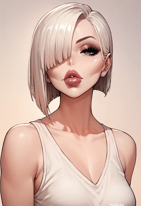 face-off, hair cut, expressive eyes, sexy lips, beautiful face, woman, bangs cover one eye, hd