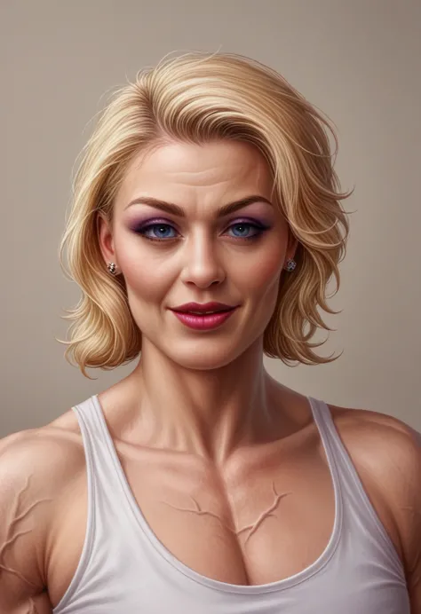 (gentle face small chin high cheekbones) (muscular blonde woman_bustycleveage_smile openmouth_lipstick_eyeliner) (detailed veins...