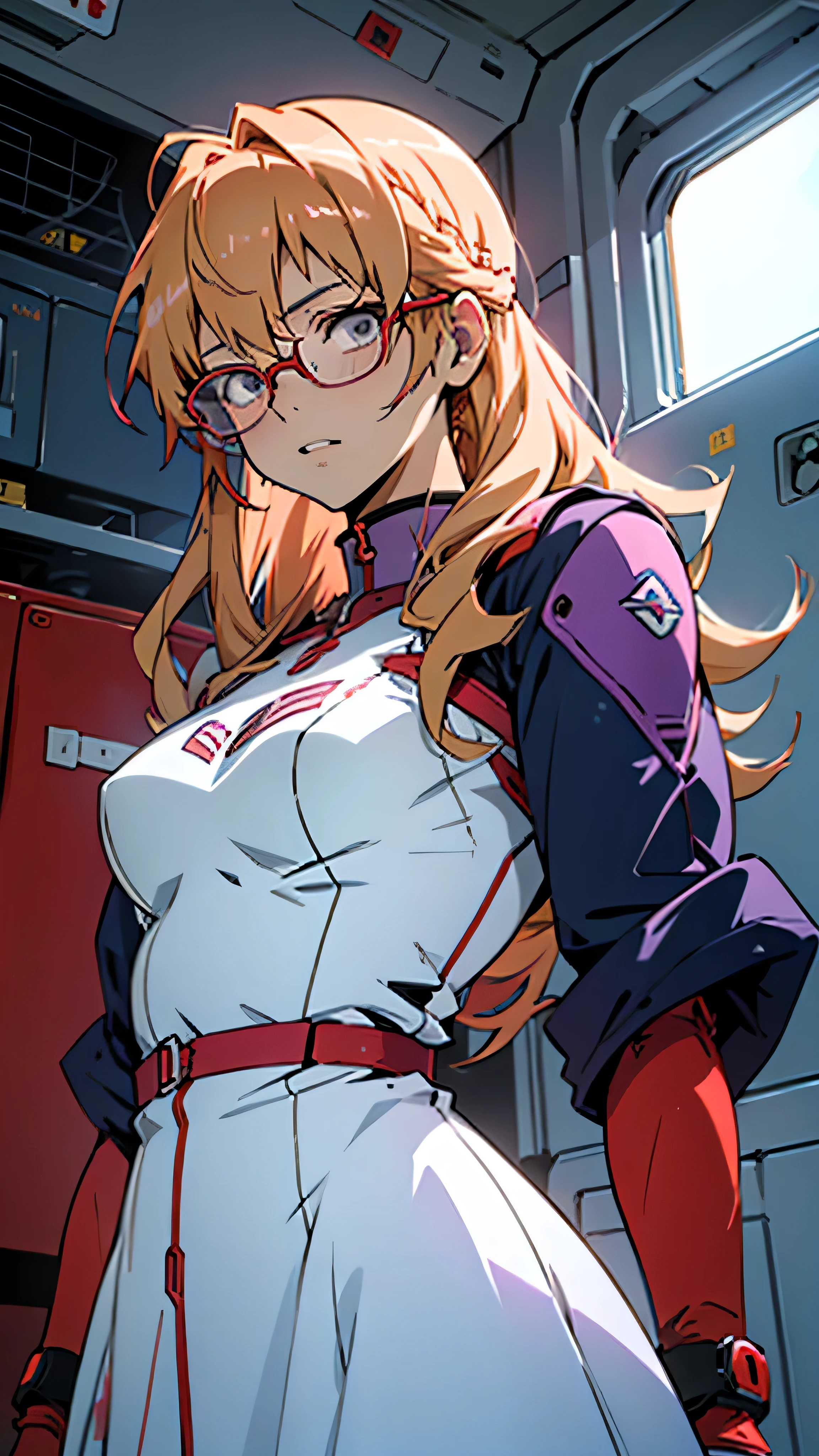 anime,An illustration,purple robot,Mobile Suit,Dom,Light blue check dress,Red glasses,Blonde,Light blue mesh hair,beautiful girl,Sora Sakurano,One person