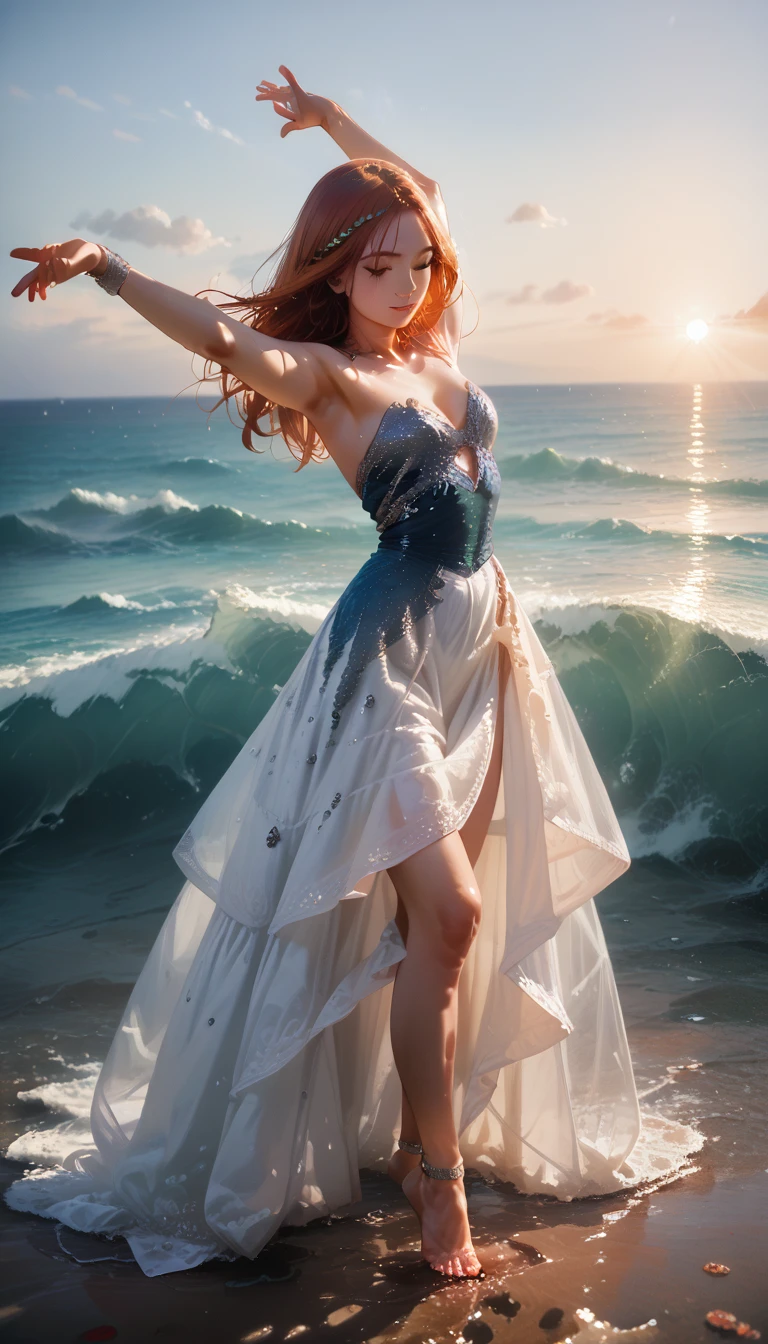 (Dancers on the Sea Surface:1.2), with graceful arms outstretched and twirling shiny_white_skirt, water dress, graces on the Golden_Sea Surface in a breathtaking ultravarium realism , full body panorama, the sunset, bathed in (hues_orange and hue_red)light , sun casts its warm_glow across the scene, reflecting off the shimmering ocean waves,. the dancer's form is intricately detailed, every curve and muscle visible in this high-definition, realistic rendering, detailed textured Splash on the Sea Surface beneath her feet seems to come alive as the sunlight dances upon it, while the sky above is alive with vivid hue_ultraviolet that add an ethereal quality to the scene, She (Dancing on the Sea Surface),8k 16k ,uhd,masterpiece, trending on artstation