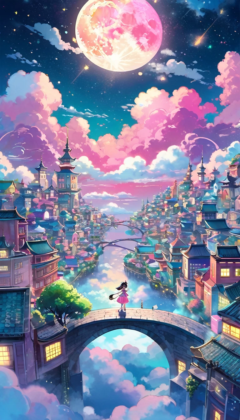 dream fantasy story, best quality, super fine, 16k, 2.5D, delicate and dynamic depiction, (chibi, cute  in dress holding cane standing on high ground), city in the sky above the clouds, clouds in vivid and pastel colors, city of modern buildings, beautiful blend with nature, river, bright starry sky, pink moon, sparkly and fluffy image effect, artwork with vibrant colorful colors, detailed decorated backgrounds