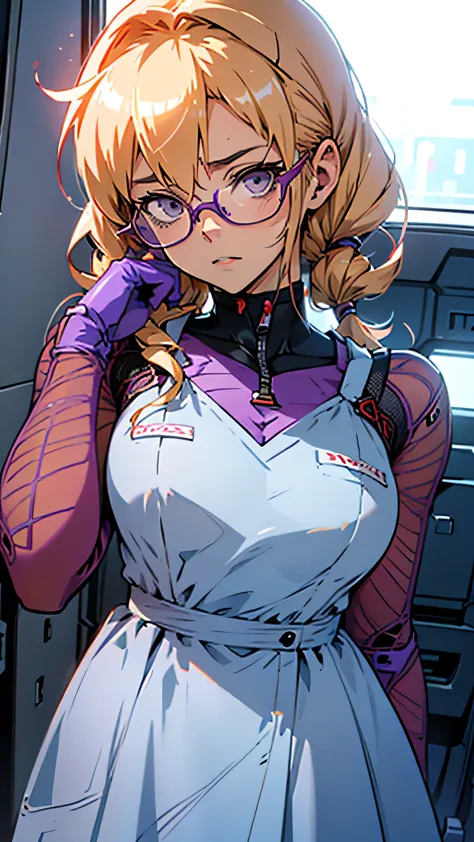 anime,an illustration,purple robot,mobile suit,dom,light blue check dress,red glasses,blonde,light blue mesh hair,beautiful girl...