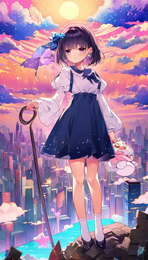 dream fantasy story, best quality, super fine, 16k, 2.5D, delicate and dynamic depiction, (chibi, cute  in dress holding cane st...