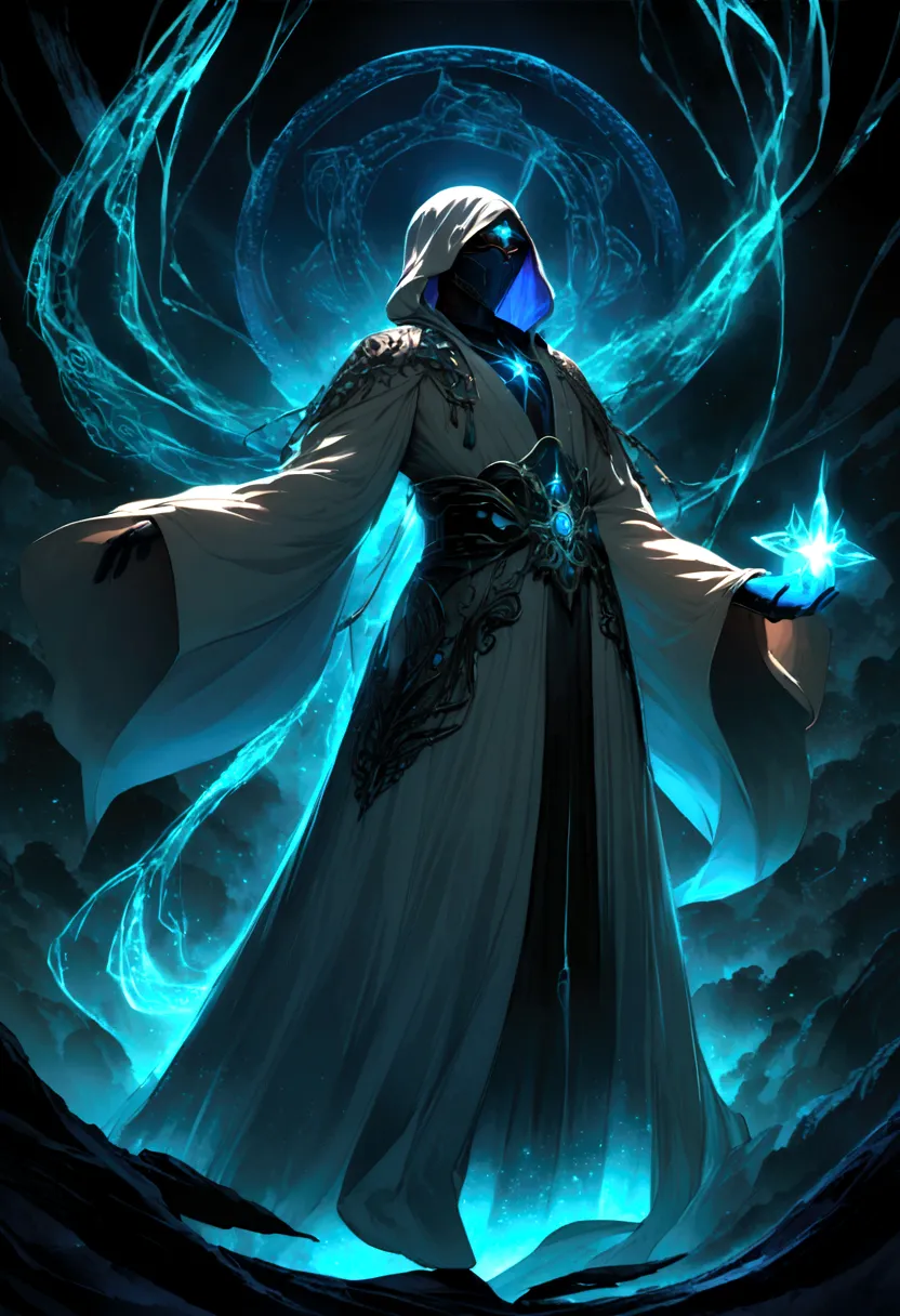 Mysterious ninja standing sideways holding a blue glowing star in his hand ( Correct and perfect anatomy ) Flowing robe, A man w...