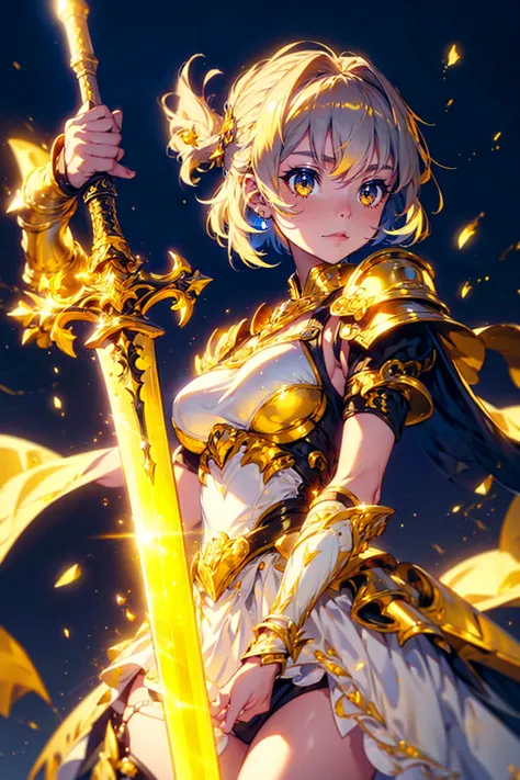 1girl,solo,cool,brilliant eye,golden dress,gold,white and yellow,gorgeous,glint,shine,shining sword,holding sword,warrior,knight...