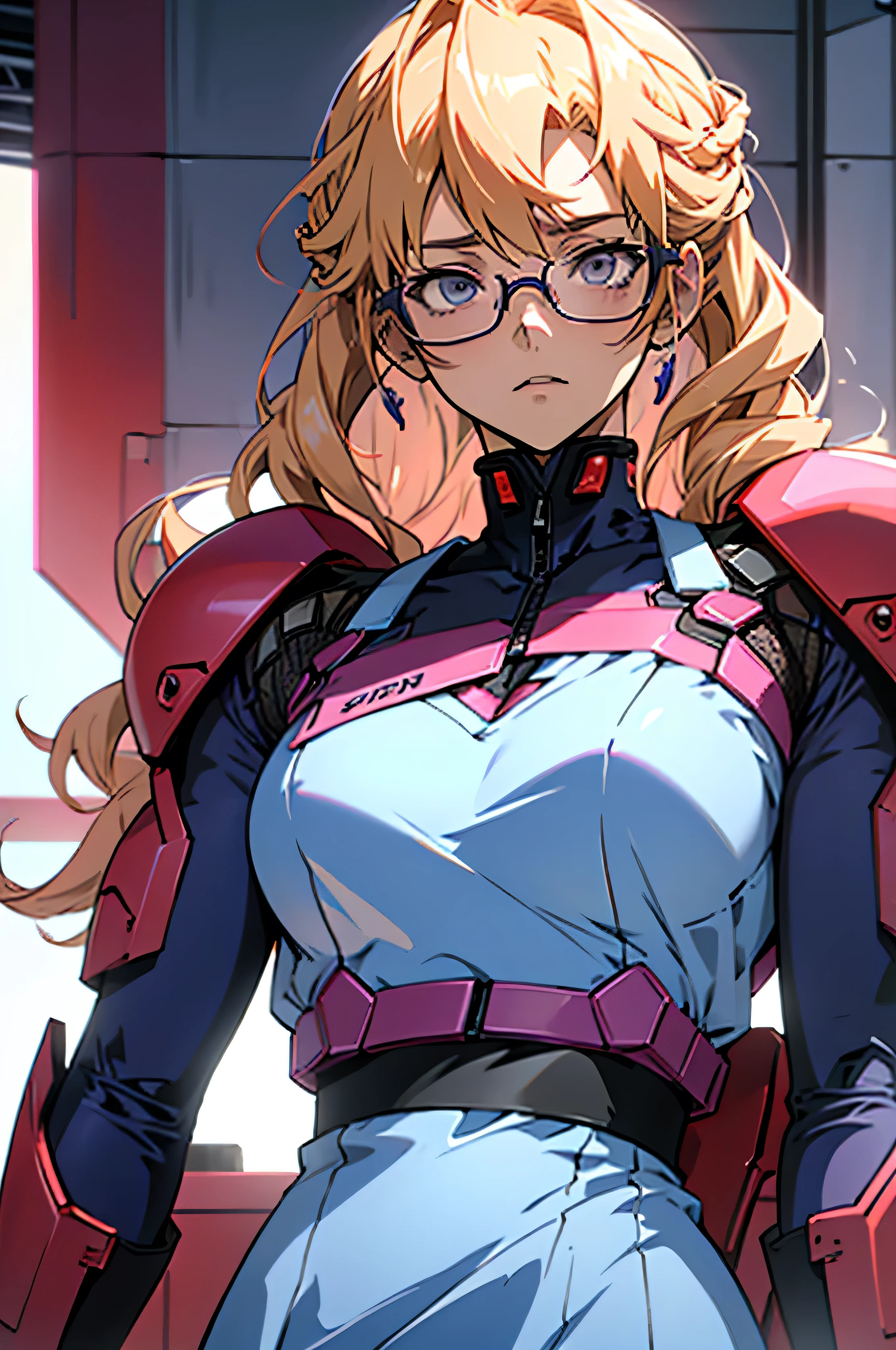 anime,An illustration,purple robot,Mobile Suit,Dom,Light blue check dress,Red glasses,Blonde,Light blue mesh hair,beautiful girl,Sora Sakurano,One person