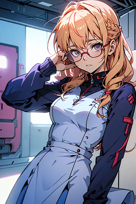 anime,an illustration,purple robot,mobile suit,dom,light blue check dress,red glasses,blonde,light blue mesh hair,beautiful girl...