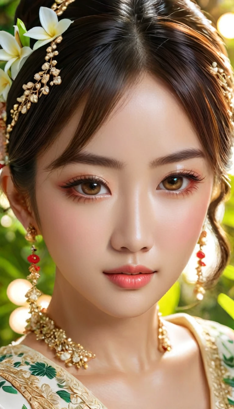 Schöne, detaillierte Augen, schöne detaillierte Lippen, extrem detaillierte Augen und Gesicht, lange Wimpern, 1 Mädchen, asiatische Frau, trägt traditionelle Kebaya-Kleidung, anmutige Pose, heiterer Ausdruck, kunstvolles Blumenmuster, elegante Accessoires, goldener Schmuck, üppiger tropischer Laubhintergrund, sanfte Beleuchtung, Filmkomposition, photorealistisch, (beste Qualität,4k,8k,highres,Meisterwerk:1.2),ultra-detailliert,(realistisch,photorealistisch,photo-realistisch:1.37)