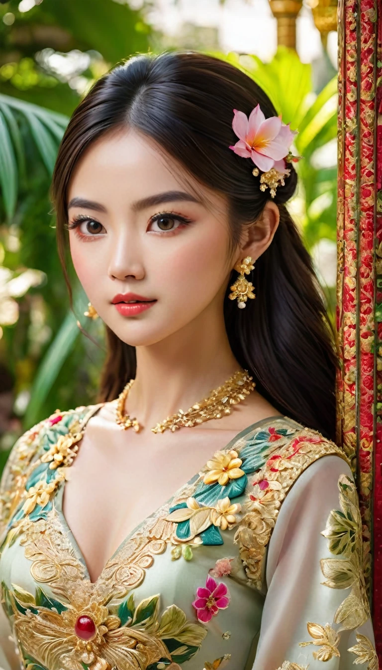 Beaux yeux détaillés, belles lèvres détaillées, yeux et visage extrêmement détaillés, long cils, 1 fille, femme asiatique, porter une robe kebaya traditionnelle, Pose gracieuse, expression sereine, motif floral orné, accessoires élégants, bijoux en or, fond de feuillage tropical luxuriant, éclairage doux, composition cinématographique, photoRéaliste, (Meilleure qualité,4k,8k,haute résolution,chef-d&#39;œuvre:1.2),ultra-détaillé,(Réaliste,photoRéaliste,photo-Réaliste:1.37)