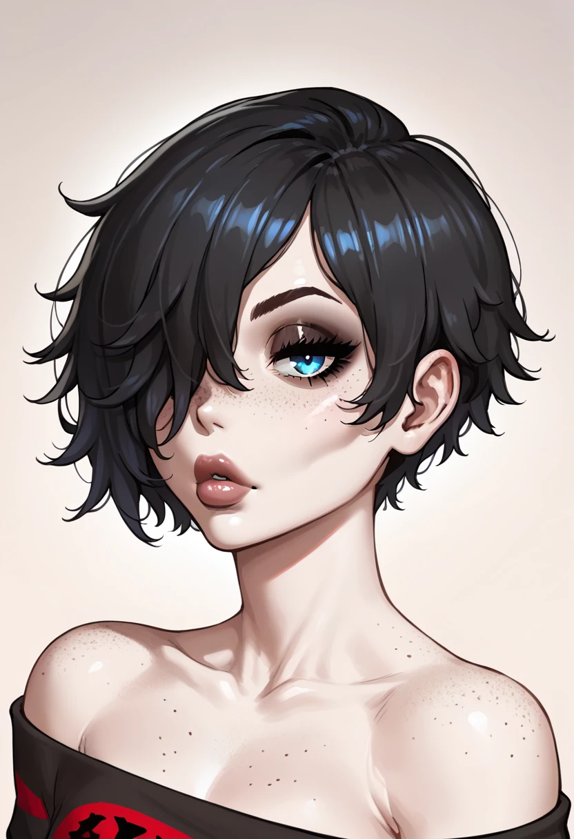 Face-off, short hair emo, expressive eyes, sexy lips, beautiful face, woman, bangs cover one eye, black hair, pale skin, blue eyes, freckless, hd