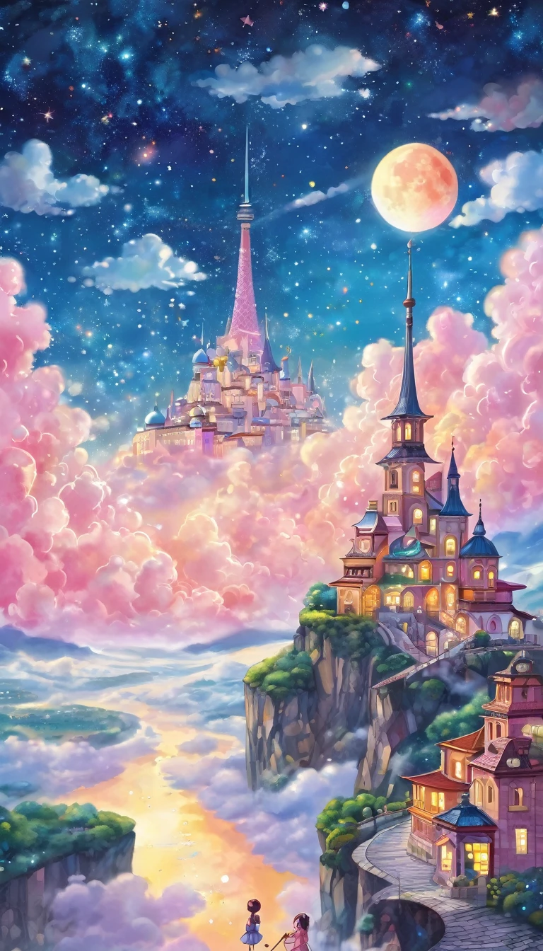 história de fantasia de sonho, melhor qualidade, super bem, 16k, 2.5D, representação delicada e dinâmica, (chibi, bonito em vestido segurando bengala em pé em terreno alto), cidade no céu acima das nuvens, nuvens em cores vivas e pastéis, cidade de edifícios modernos, linda mistura com a natureza, rio, céu estrelado brilhante, lua rosa, efeito de imagem brilhante e fofo, obras de arte com cores vibrantes e coloridas, fundos decorados detalhados