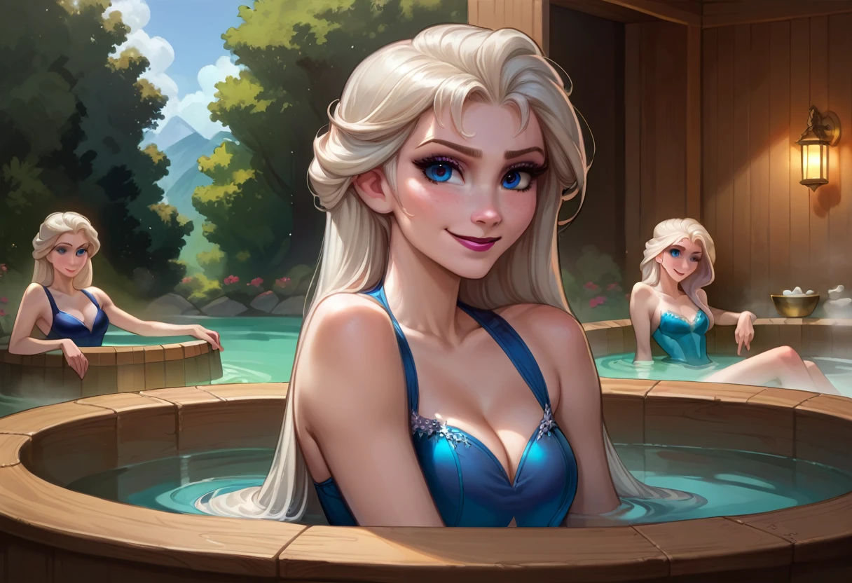 score_9, score_8_up, score_8_up, source_cartoon, detailed soft lighting,1girl, Elsa from Frozen, cleavage, sexy swimsuit, in the hot tub, very detailed, beautiful eyes, model poses, pretty smile, (masterpiece, best quality, highly detailed, beautiful).