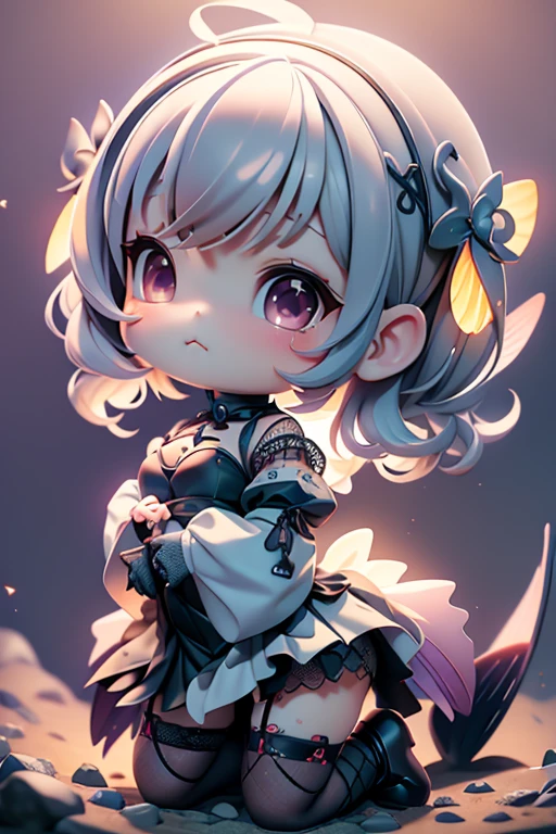 High quality、Correct Anatomy、plastican00d、Bright atmosphere、Realistic Light、Spotlight from above、pretty girl、Gothic Fashion、Small breasts、Fishnet tights、Silver Hair、garter belt、Two-headed appearance、plastic、Very Short Hair、Cumulonimbus、Summer sunshine、Pullside、full body, chibi、