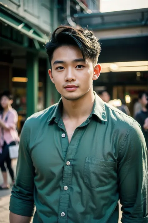 a young asian man with large muscles looks at the camera. in a dark green button-up shirt. , department store normal lighting