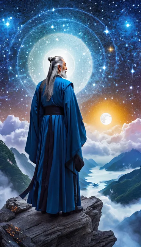 Chinese Mythology，Oriental Fortune Teller，The old immortals of the stars，Master，The old man stands on the cliff and looks up at ...