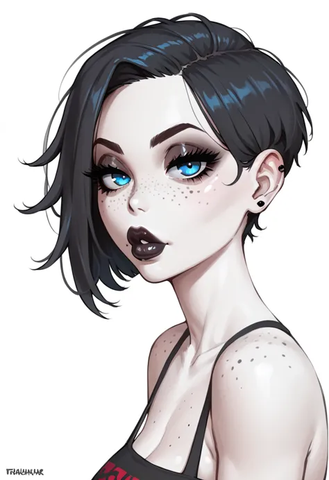 face-off, short hair emo, expressive eyes, sexy lips, beautiful face, woman, black hair, pale skin, blue eyes, freckless, hd