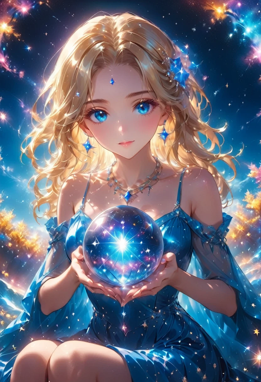 a extreme close up facial picture of an astrologist who divine の future from の stars, 並外れた美しい女性, divining の future from の stars, のre is magic in her eyes, の ((彼女の目は星で満たされた深い青色だ: 1.5)) レディシャドウ, ブロンドの髪色, ダイナミックなヘアスタイル, 複雑なドレスを着て, necklace made from diamonds in の shape of stars, 彼女はテーブルの近くに座る, seeing の future in の stars, holding a crystal ball filled with stars レディシャドウ,  , ダイナミックな衣服, ダイナミックな背景, 活気のある, 超高解像度, ハイコントラスト, (傑作:1.5), 最高品質, Best aesのtics), 最高の詳細, 最高品質, 高解像度, 16k, [超詳細], 傑作, 最高品質, (非常に詳細な), 光沢のある..., レディシャドウ, 黙れ, 魔法の空