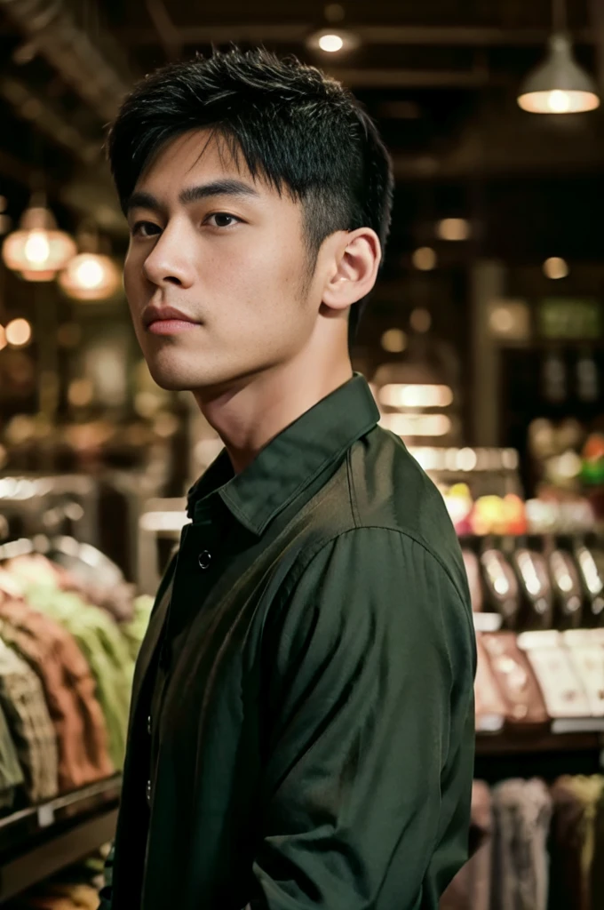 A young Asian man with large muscles looks at the camera. In a dark green button-up shirt. , Department store normal lighting