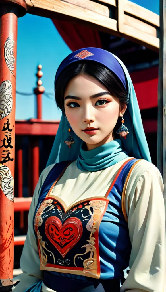 A mesmerizing digital illustration of a hijab-wearing woman in an Lienhua-inspired style. while her long, pirates deck ship in the background. The woman holds a heart shape Sword, embodying nature and femininity. The artwork masterfully fuses elements from various artistic styles and mediums, such as poster with name (Rendi Dimas), fashion, stock illustration, anime, film, portrait photography, graffiti, and ukiyo-e. The dark fantasy theme adds an air of mystique to the overall composition. Drawing inspiration from cinematography, 3D render, painting, typography, and conceptual art, the illustration captures quiet moments of beauty and introspection. The piece is a stunning fusion of photography, poster, 3d render, graffiti, vibrant, cinematic, illustration, conceptual art, portrait photography, anime, dark fantasy, photo, painting, product, fashion, ukiyo-e, typography