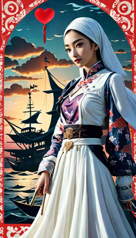 A mesmerizing digital illustration of a hijab-wearing woman in an Lienhua-inspired style. while her long, pirates deck ship in t...