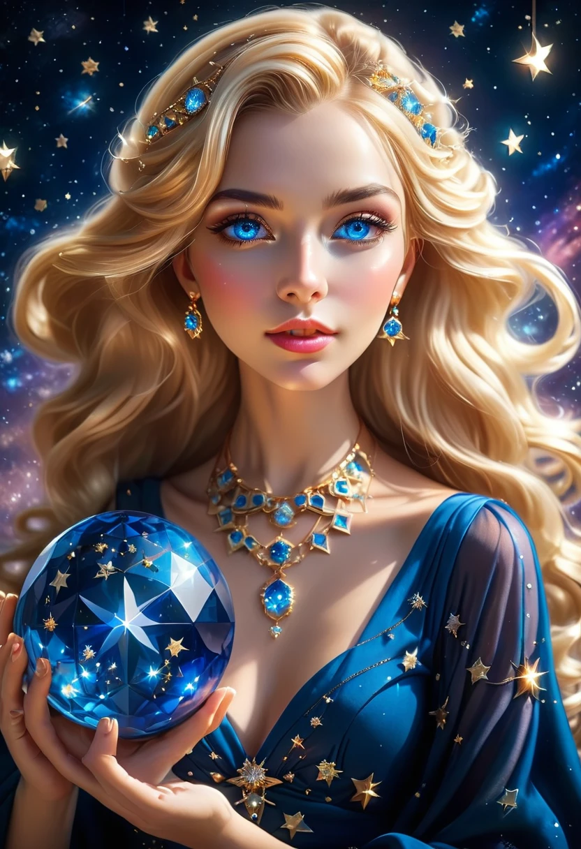 a extreme close up facial picture of an astrologist who divine the future from the stars, an extraordinary beautiful woman, divining the future from the stars, there is magic in her eyes, the ((her eyes are deep blue filled with stars: 1.5)) ladyshadow, blond hair color, dynamic hair style, wearing an intricate dress, necklace made from diamonds in the shape of stars, she sits near a table, seeing the future in the stars, (holding a crystal ball filled with stars: 1.3), dynamic clothing, dynamic background, vibrant, Ultra-high resolution, High Contrast, (masterpiece:1.5), highest quality, Best aesthetics), best details, best quality, highres, 16k, [ultra detailed], masterpiece, best quality, (extremely detailed), Shiny..., ladyshadow, diam0nd