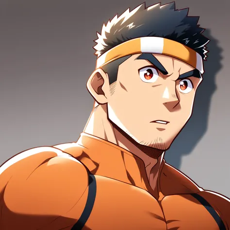 anime characters：gyee, muscle sports student, manliness, sports headband, male focus, cute boy with big eyes, brown high collar ...