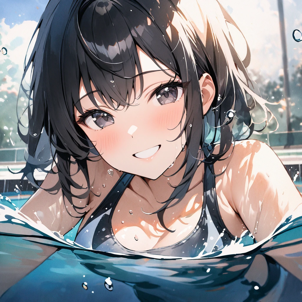 Top quality, masterpiece, watercolor painting, long black hair, black eyes, competitive swimsuit, glowing water drops, double exposure, swimming in the pool, splashes, best smile, light reflections on the water surface