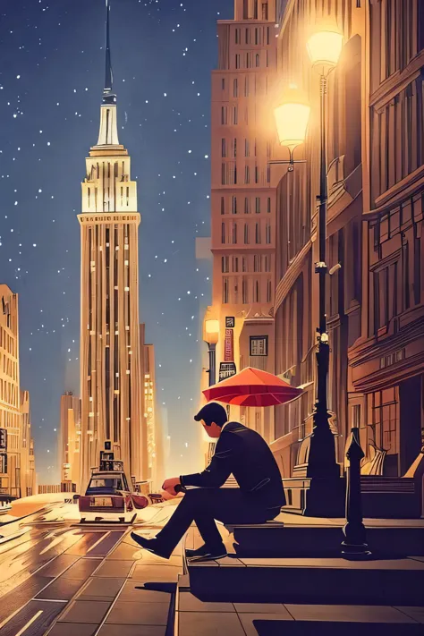 a man sitting on stairs appreciating the night view of new york city, detailed cityscape, detailed architecture, warm lighting, ...