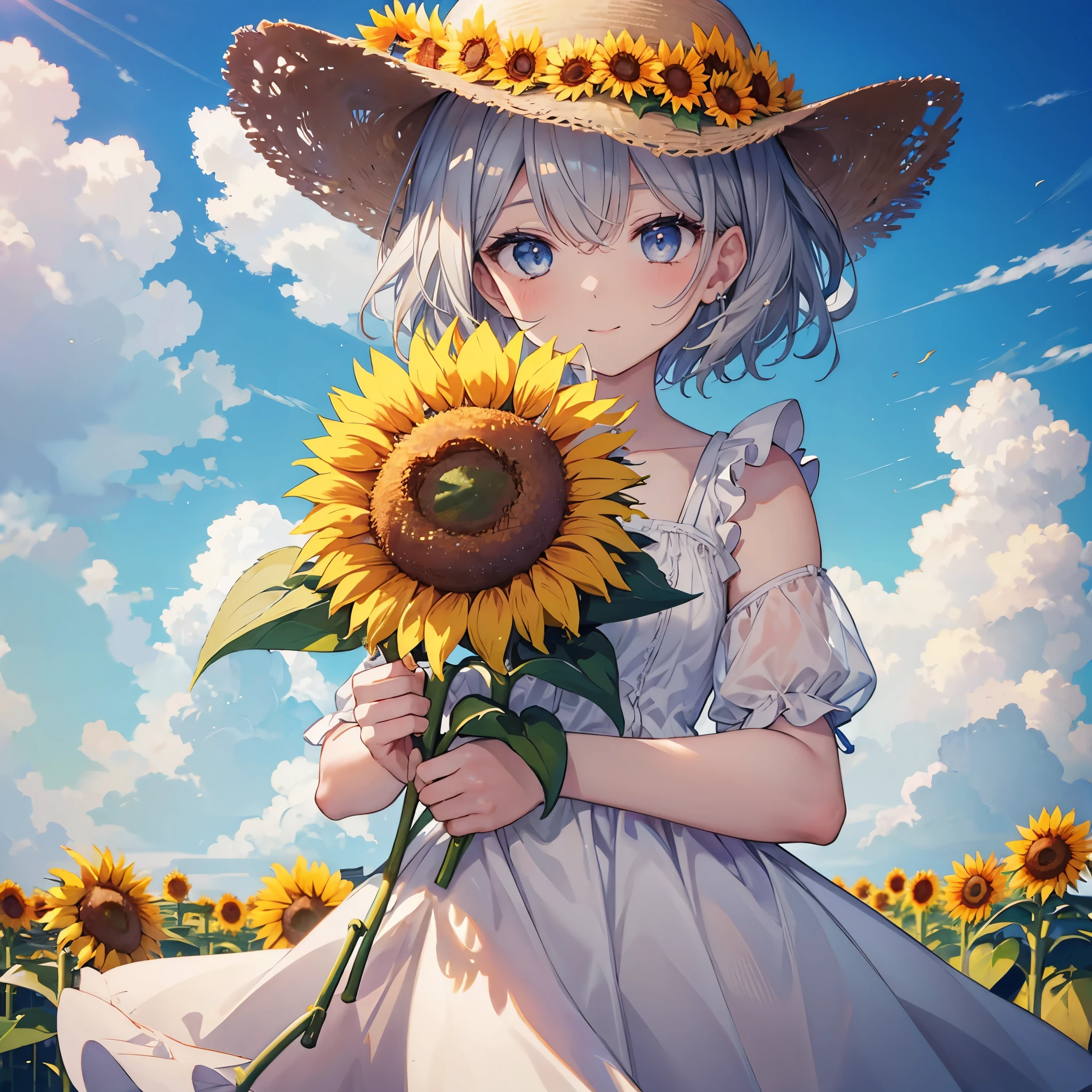 ((((Frilly clothes　Sunflower field))))　(((Gray Hair　short hair　blue eyes　woman　profile　View sunflowers)))，((Blowing in the Wind　sunlight　sun　cloud))，(Wearing a hat　Beige clothes　smile)，　Showing teeth　Shining Background　Shining Edges