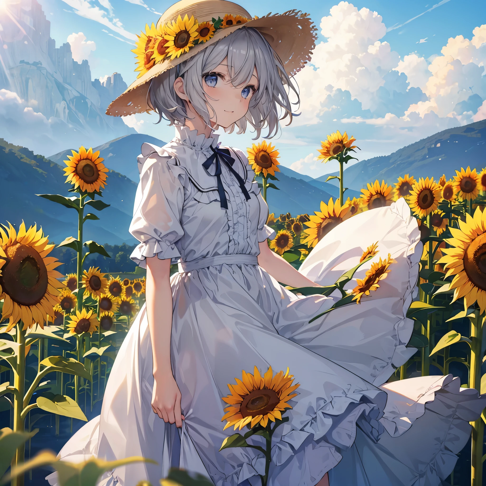 ((((Frilly clothes　Sunflower field))))　(((Gray Hair　short hair　blue eyes　woman　profile　View sunflowers)))，((Blowing in the Wind　sunlight　sun　cloud))，(Wearing a hat　Beige clothes　smile)，　Showing teeth　Shining Background　Shining Edges