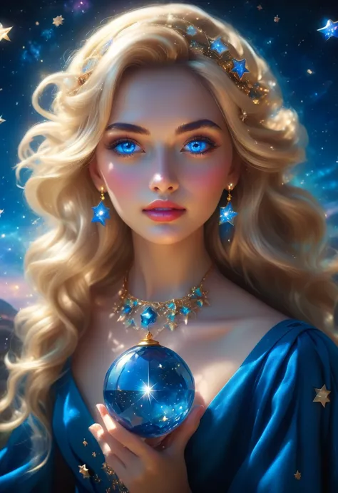 a extreme close up facial picture of an astrologist who divine the future from the stars, an extraordinary beautiful woman, divi...